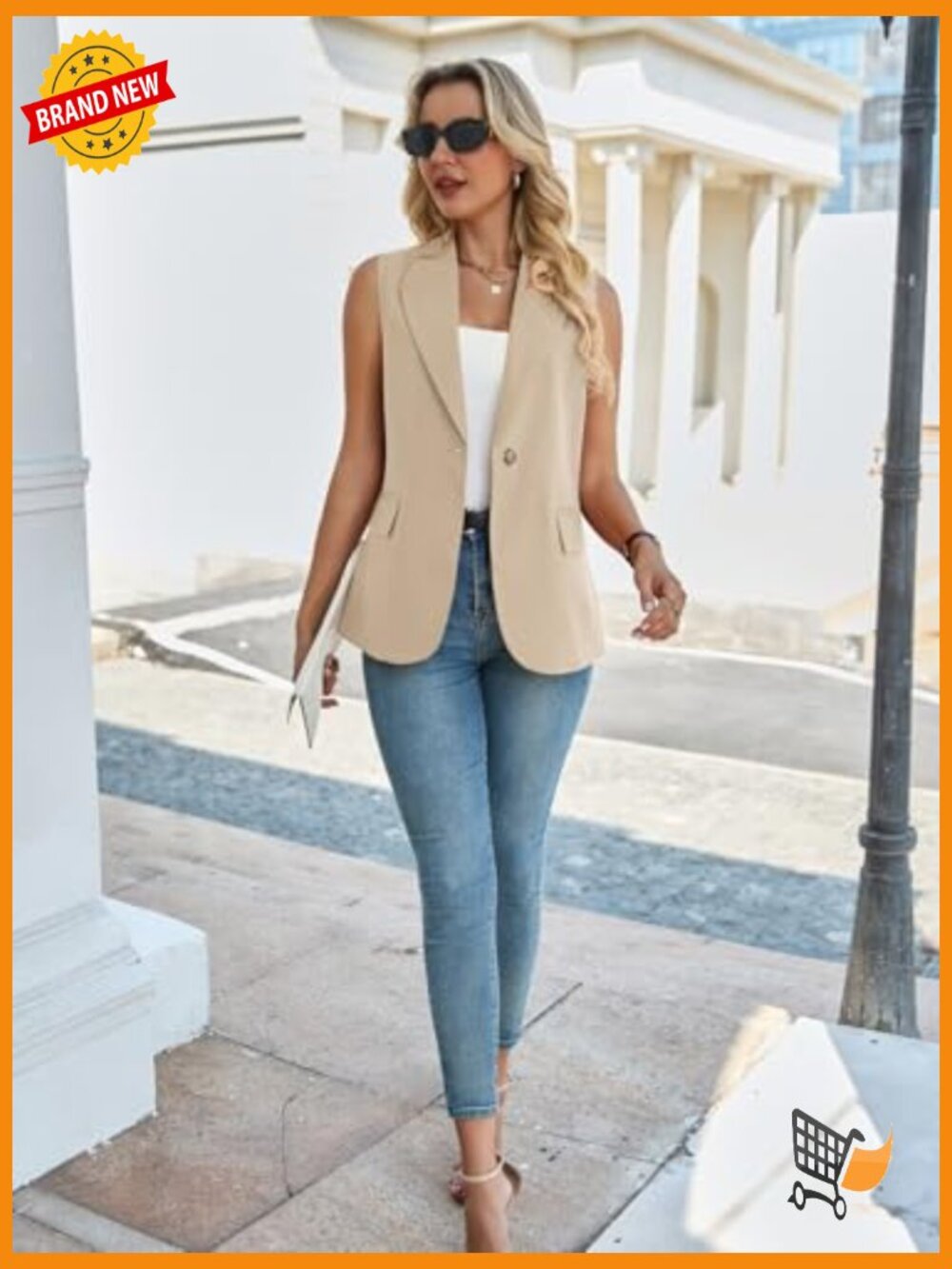 Sleeveless Blazer Vest Lightweight Lined Notch Lapel Button Front Pockets Work - Picture 3 of 7